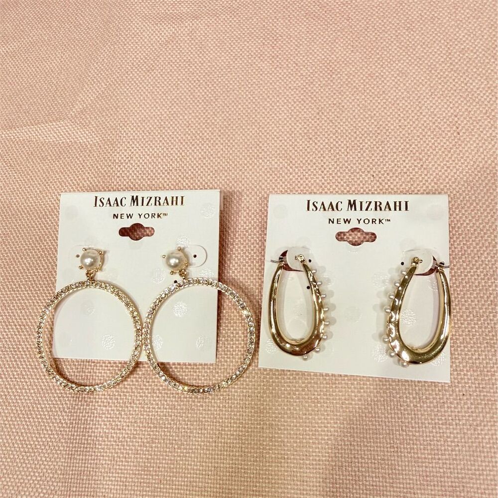 Isaac Mizrahi Gold Tone Rhinestone & Pearl Hoop Earrings Set 2 piece bundle lot